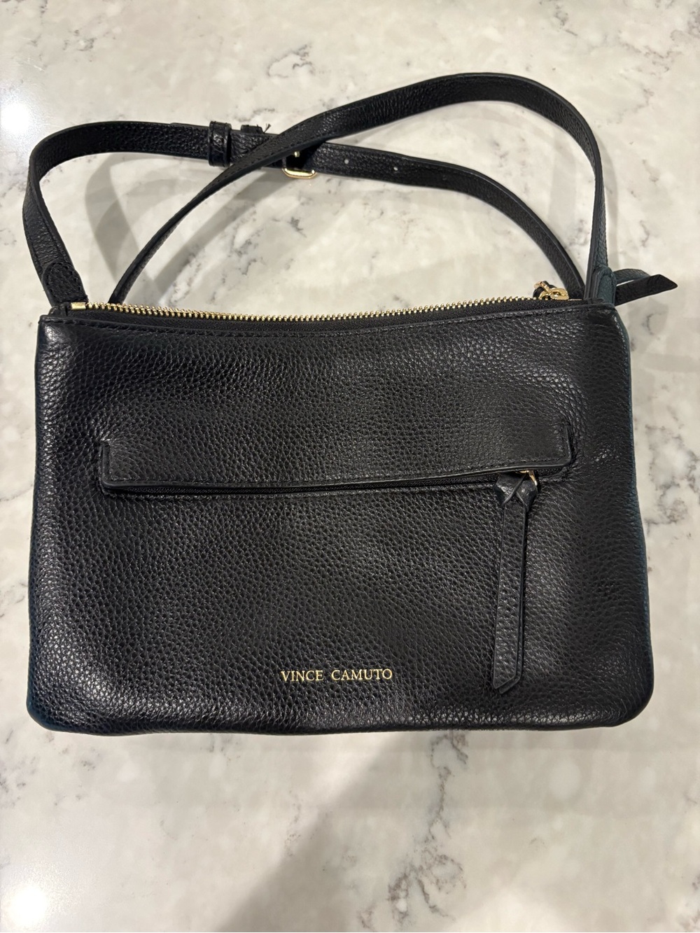Vince Camuto Black Pebbled Leather Crossbody with Gold Logo